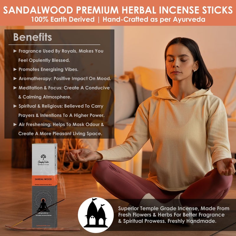Simply Vedic Sandalwood Incense Sticks 250g (Approx. 135 Handmade Sticks) with Free Holder | 45 Min Burn | Natural Charcoal-Free Agarbatti for Meditation, Yoga, Aromatherapy, Relaxation - Image 2